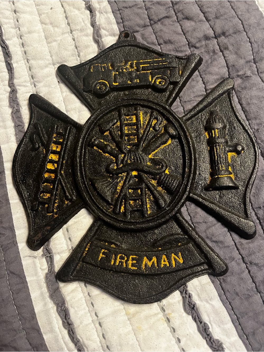 Cast Iron Firefighter Maltese Cross Wall Decor - Black & Yellow - Picture 2 of 7